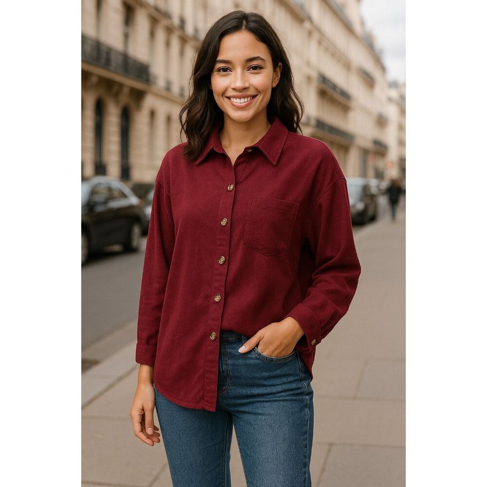 Shein Button Up Shirt Large Burgundy Collared Long Sleeve Casual Chic Minimalist